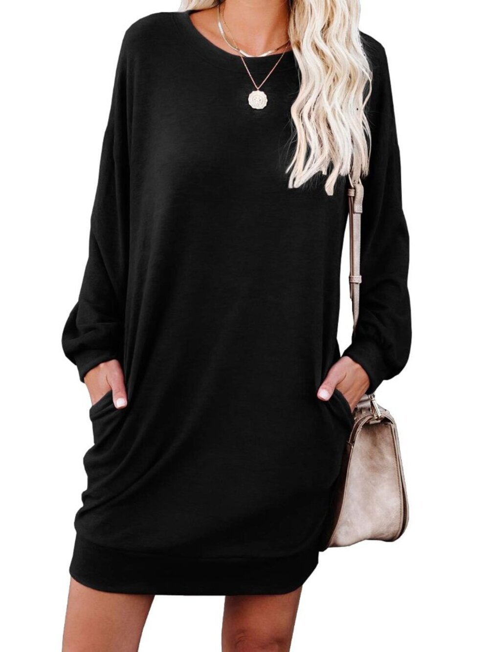 🆕 Womens Long Sleeves Dresses Casual Loose Round-Neck Tuinc Tops Basic Dress